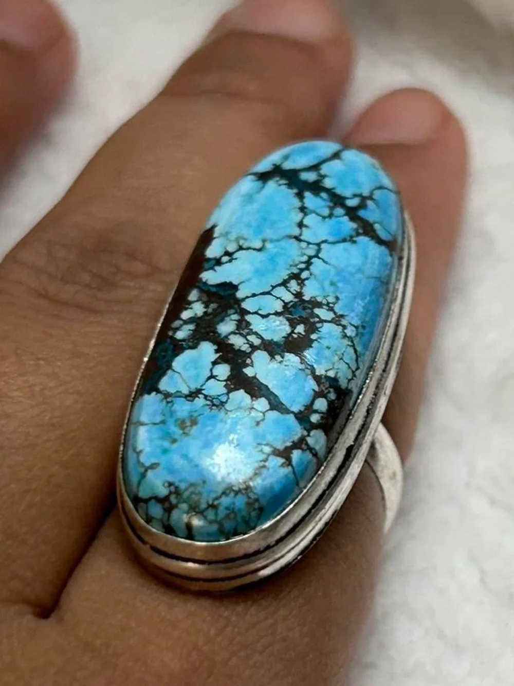 925 Silver Blue Turquoise Oval Statement Ring - Women Jewelry